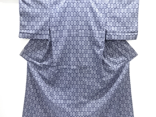 綿紬　亀甲に抽象模様織り出し単衣着物